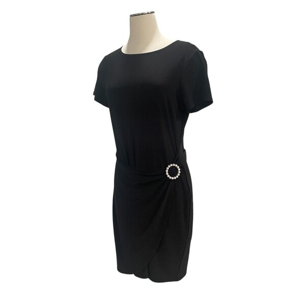 Tiana B Black Faux Wrap Dress Pearl Accent Short Sleeve Elegant Party Cocktail S - Picture 5 of 7